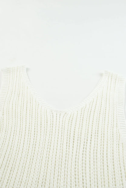 White Hollowed Knit V Neck Tank Top - Chic Meadow Boutique 