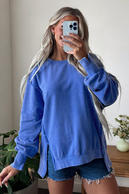Sky Blue Mineral Wash Split Hem Loose Tunic Sweatshirt