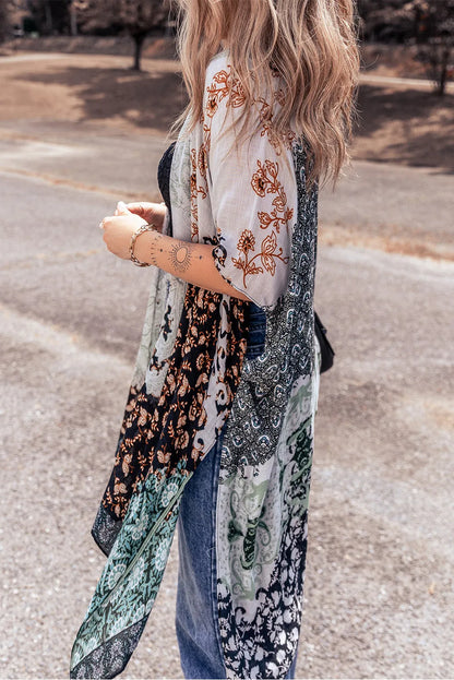 Green Boho Floral Print Irregular Hem Flowy Kimono - Chic Meadow Boutique 