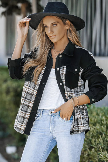 Black Plaid Patchwork Raw Hem Denim Jacket - Chic Meadow Boutique 