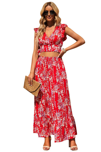 Fiery Red Multicolor Floral Ruffled Crop Top and Maxi Skirt Set - Chic Meadow Boutique 