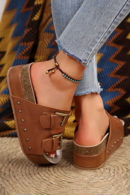 Chestnut Dual Buckle Studded Platform Sandal Slippers - Chic Meadow Boutique 