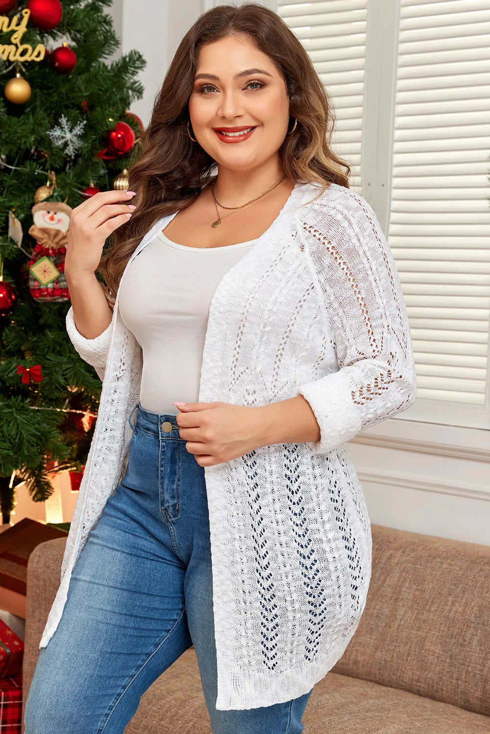 White Plus Size Eyelet Knit Open Front Cardigan - Chic Meadow Boutique 