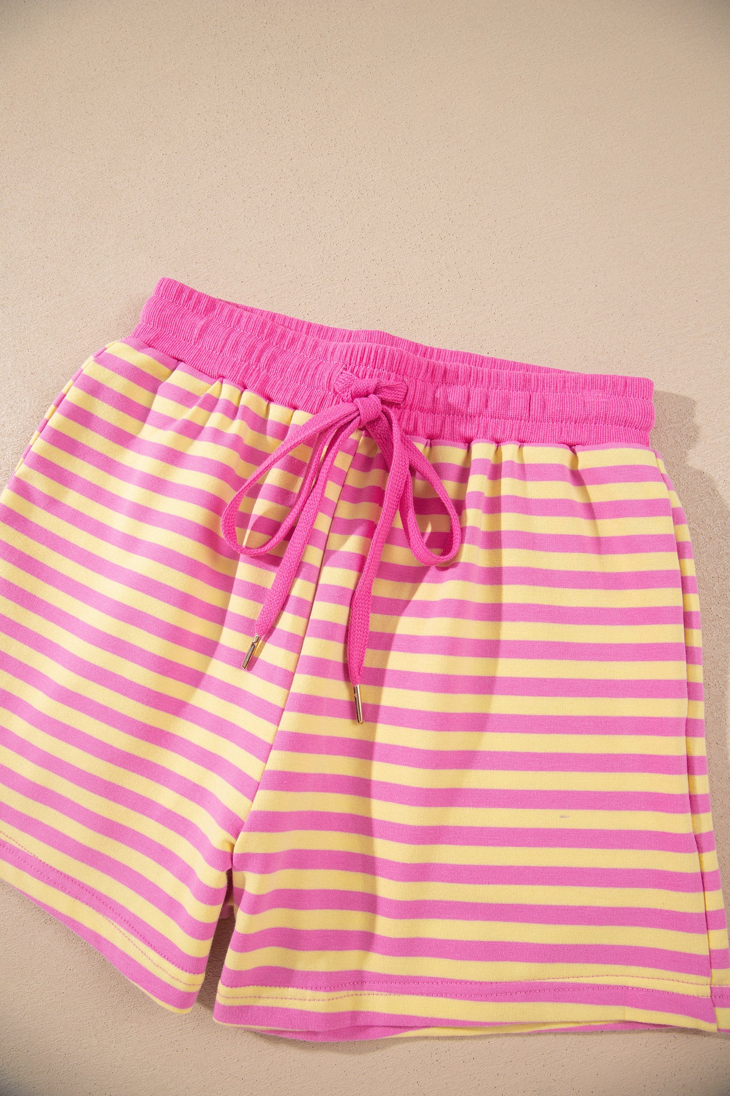 Rose Red Striped Long Sleeve Zip-Up Hoodie Drawstring Elastic Waist 2pcs Short Set