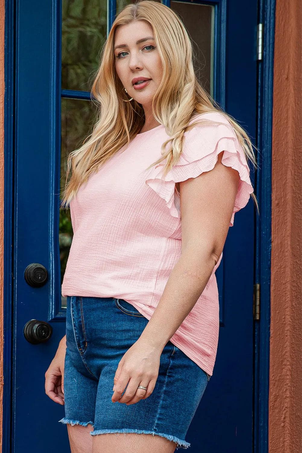 Plus Size/Plus Size Tops/Plus Size Tops & Tees Light Pink Plus Size Crinkle Textured Ruffle Sleeve Top