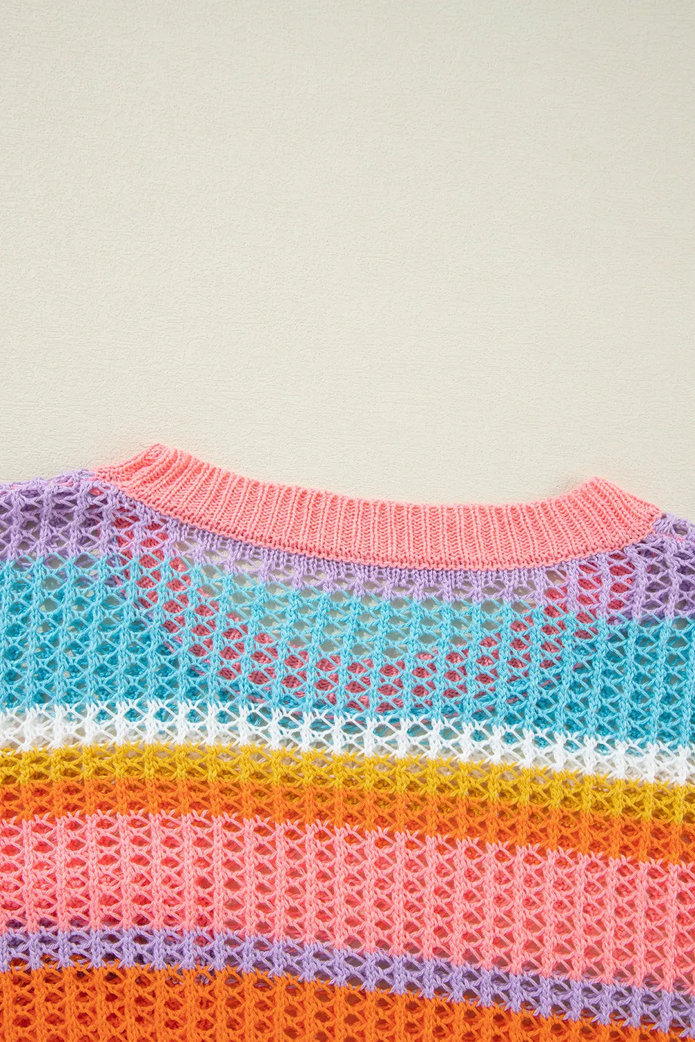 Pink Stripe Colorblock Hollowed Crochet 3/4 Sleeve Sweater - Chic Meadow Boutique 