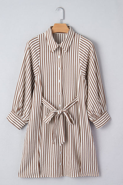 Brown Stripe Knot Waist Puff Sleeve Button Down Mini Shirt Dress