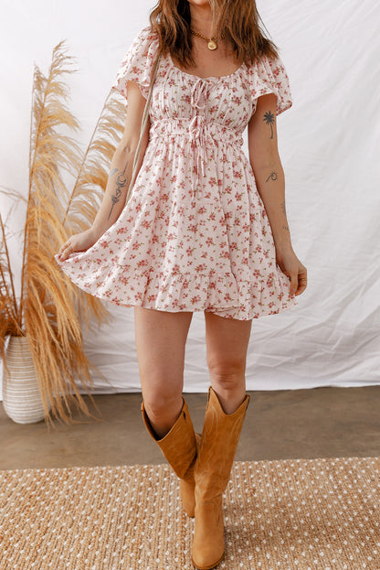 Pink Front Tie Shirred Waist Short Sleeve Ruffled Floral Mini Dress