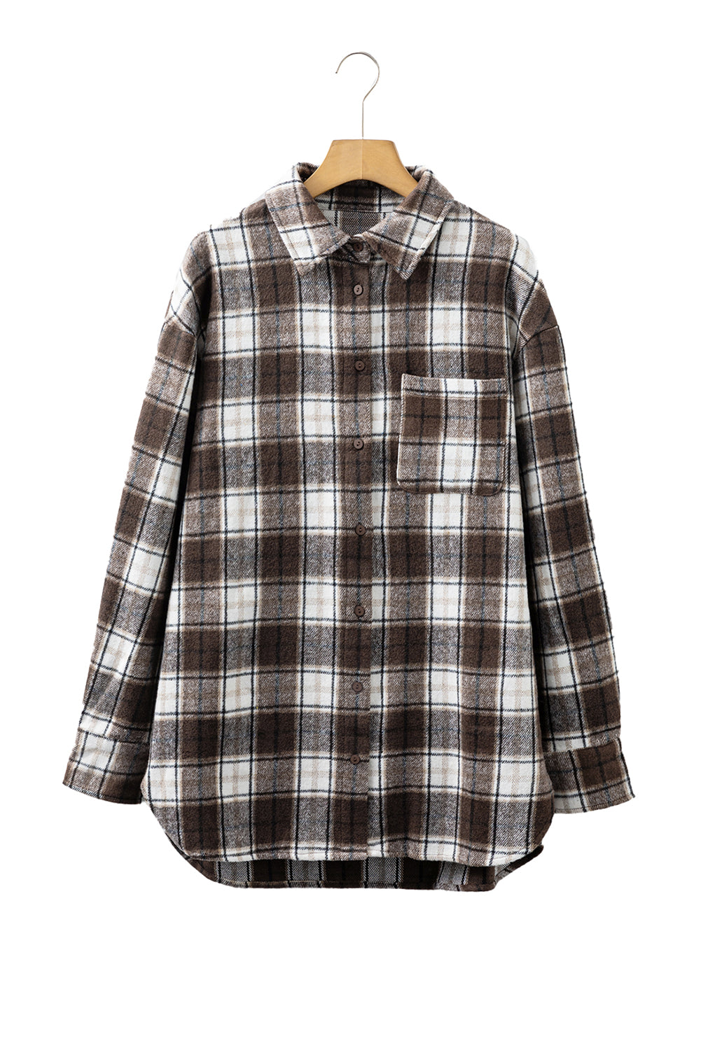 Dark Brown Flanel Plaid Single Chest Pocket Boyfriend Shacket