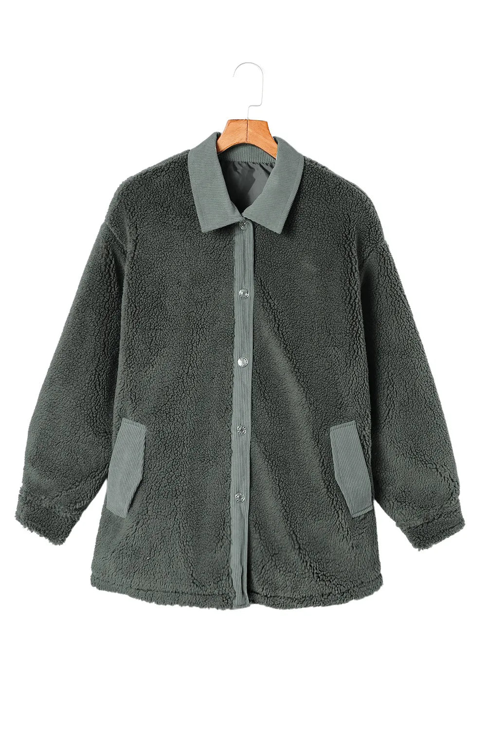 Gray Corduroy Trim Elbow Patch Sherpa Jacket - Chic Meadow Boutique 