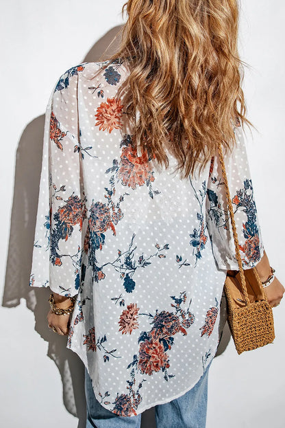 White Floral Print Open Front Bell Sleeve kimono - Chic Meadow Boutique 