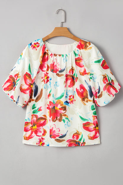 White Floral Print Puffy Half Sleeve Blouse