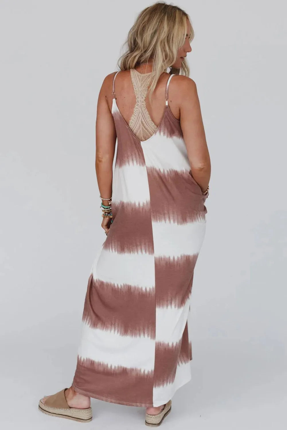 White Stripe Striped Tie Dye Spaghetti Strap Maxi Dress - Chic Meadow Boutique 