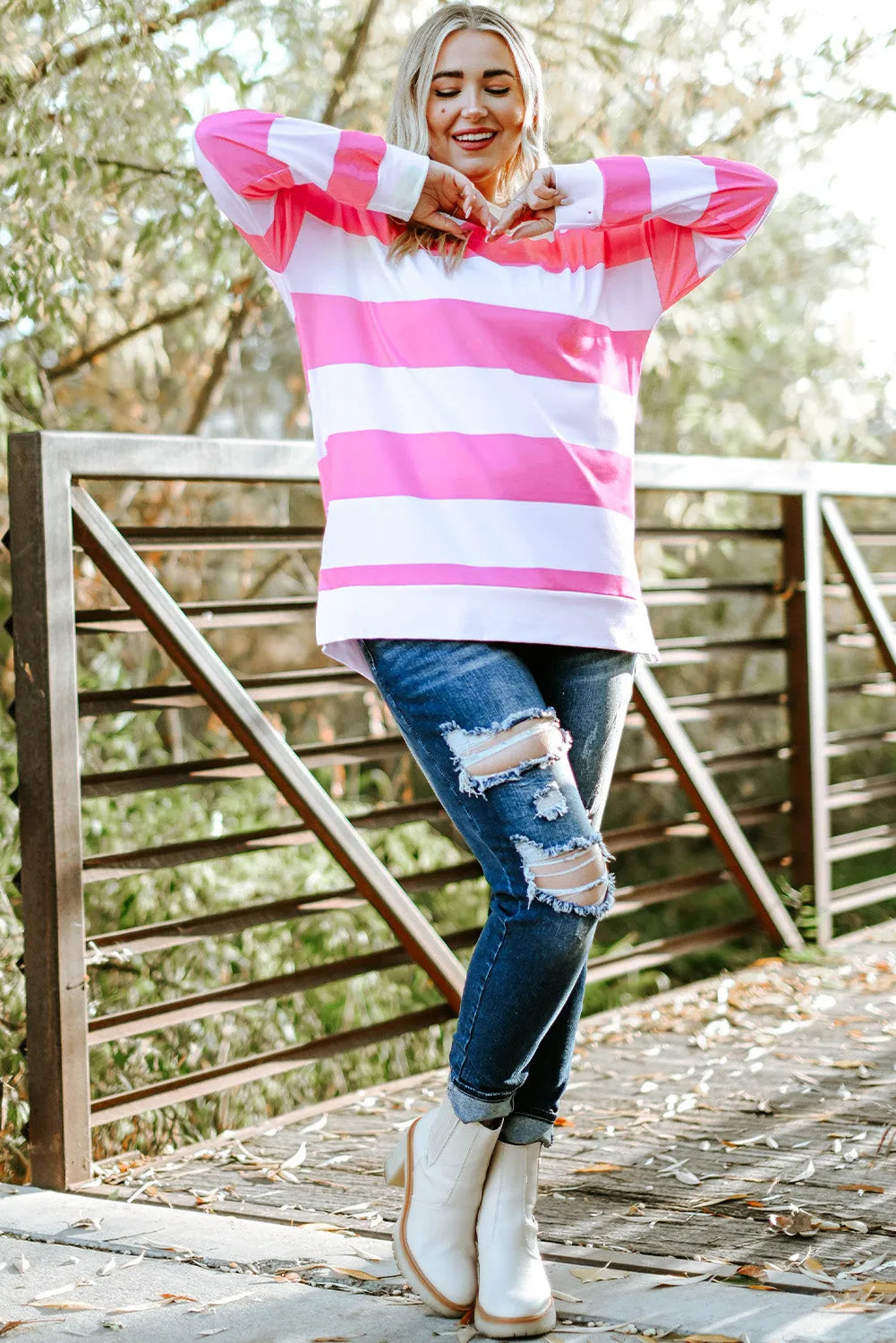 Pink Striped Side Slit Plus Size Sweatshirt - Chic Meadow Boutique 