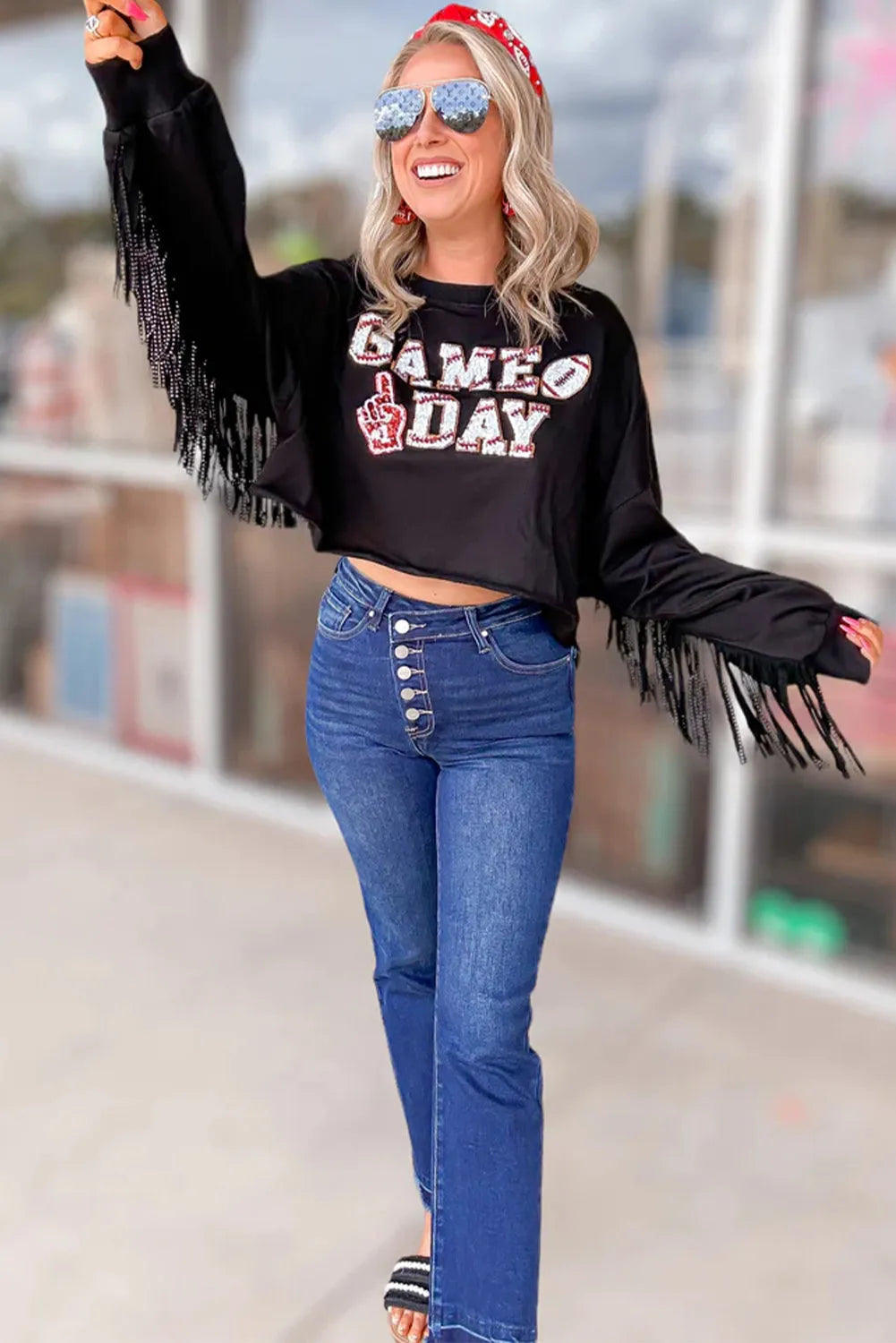 Black GAME DAY Rugby Sequined Tasseled Cropped Sweatshirt - Chic Meadow Boutique 