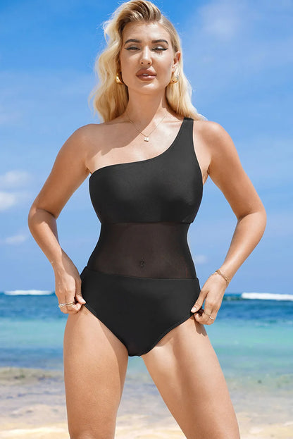 Black Single Shoulder Mesh Patchwork One-piece Swimwear - Chic Meadow Boutique 