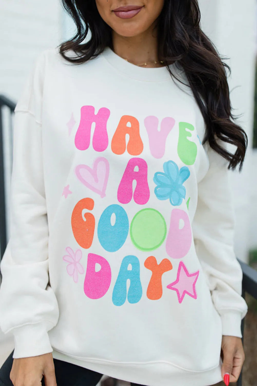 Beige HAVE A GOOD DAY Drop Shoulder Graphic Sweatshirt - Chic Meadow Boutique 