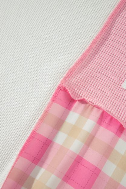 Pink Colorblock Plaid Panel Long Sleeve Plus Size Blouse