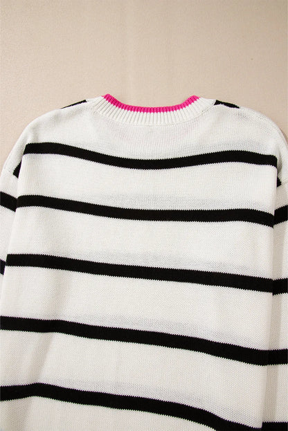 White Stripe Color Contrast Drop Shoulder Crew Neck Sweater - Chic Meadow Boutique 