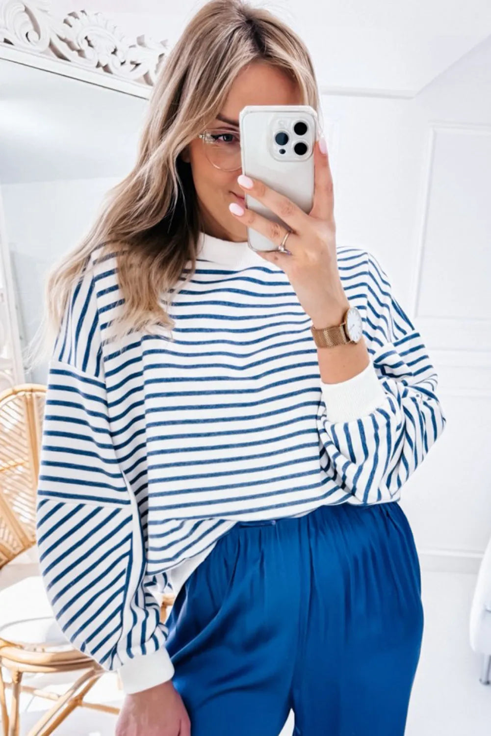 Blue Stripe Drop Shoulder Crew Neck Loose Sweatshirt - Chic Meadow Boutique 