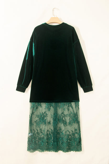 Blackish Green Velvet Long Sleeve Lace Splicing Hem Shift Maxi Dress