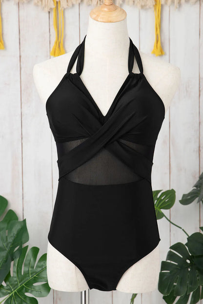 Black Halter Mesh Insert Cross Front One-Piece Swimsuit - Chic Meadow Boutique 