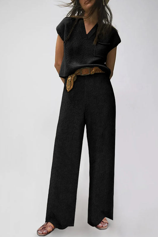 Black Knitted V Neck Sweater and Casual Pants Set - Chic Meadow Boutique 