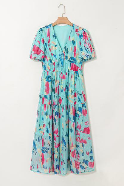 Sky Blue Abstract Print Short Puff Sleeve Tiered Maxi Dress