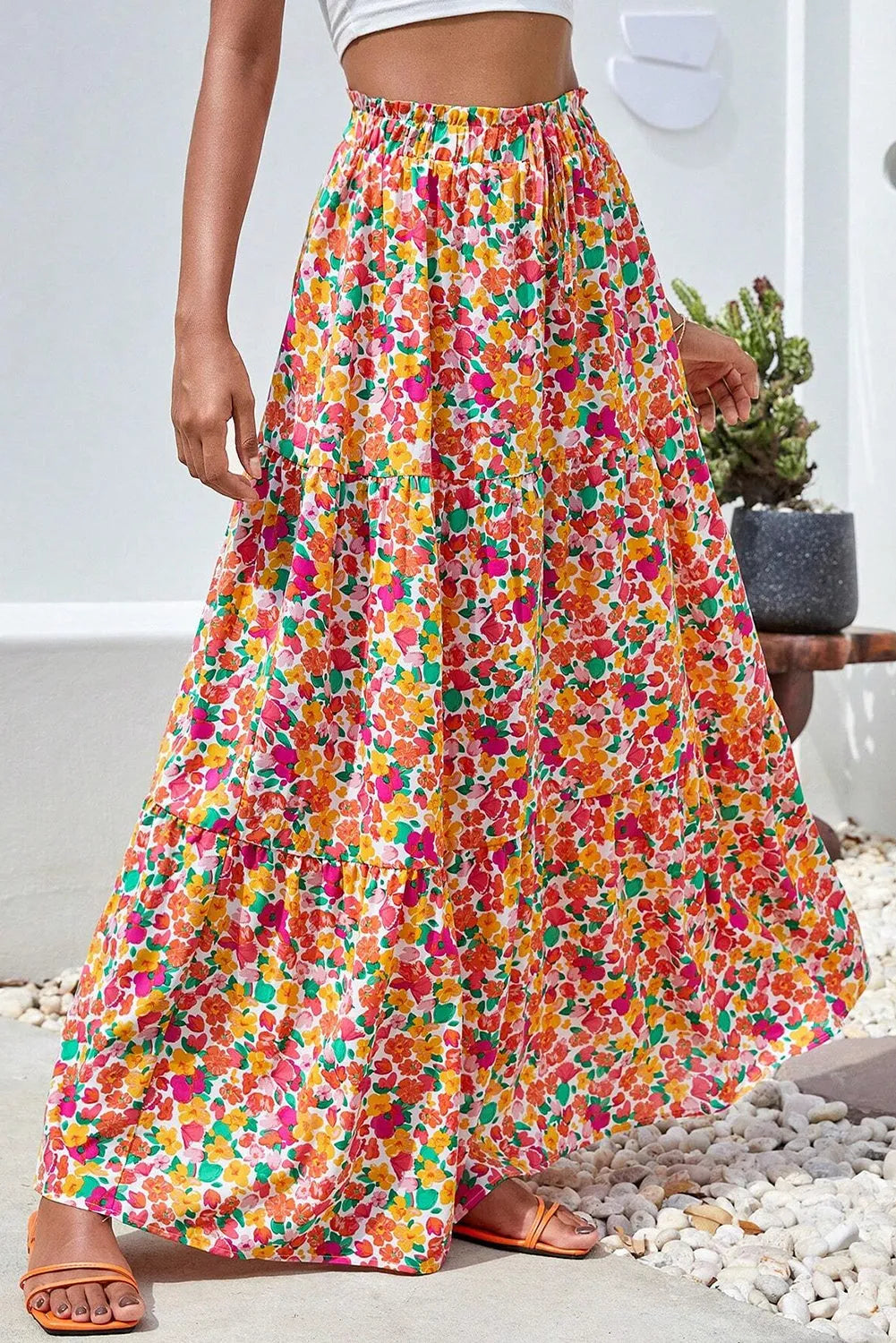 Yellow Boho Floral Print Tiered Long Skirt - Chic Meadow Boutique 