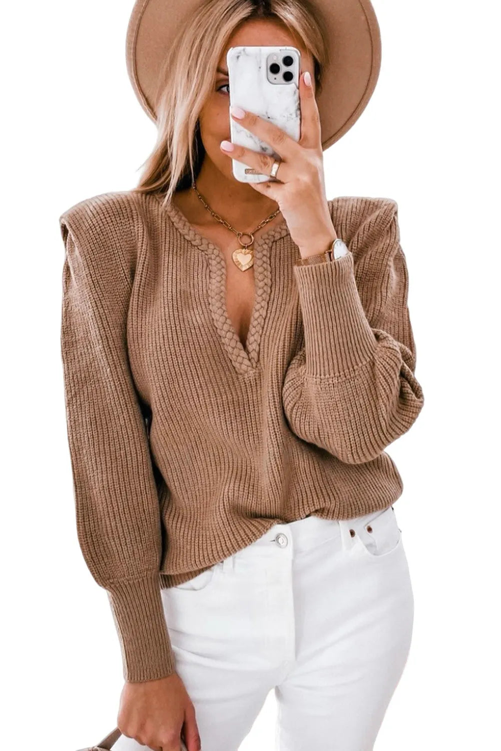 Brown Braided Notched V Neckline Puff Sleeve Knitted Sweater - Chic Meadow Boutique 