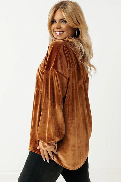 Chestnut Plus Size Velvet Chest Pocket Drop Shoulder Shirt - Chic Meadow Boutique 