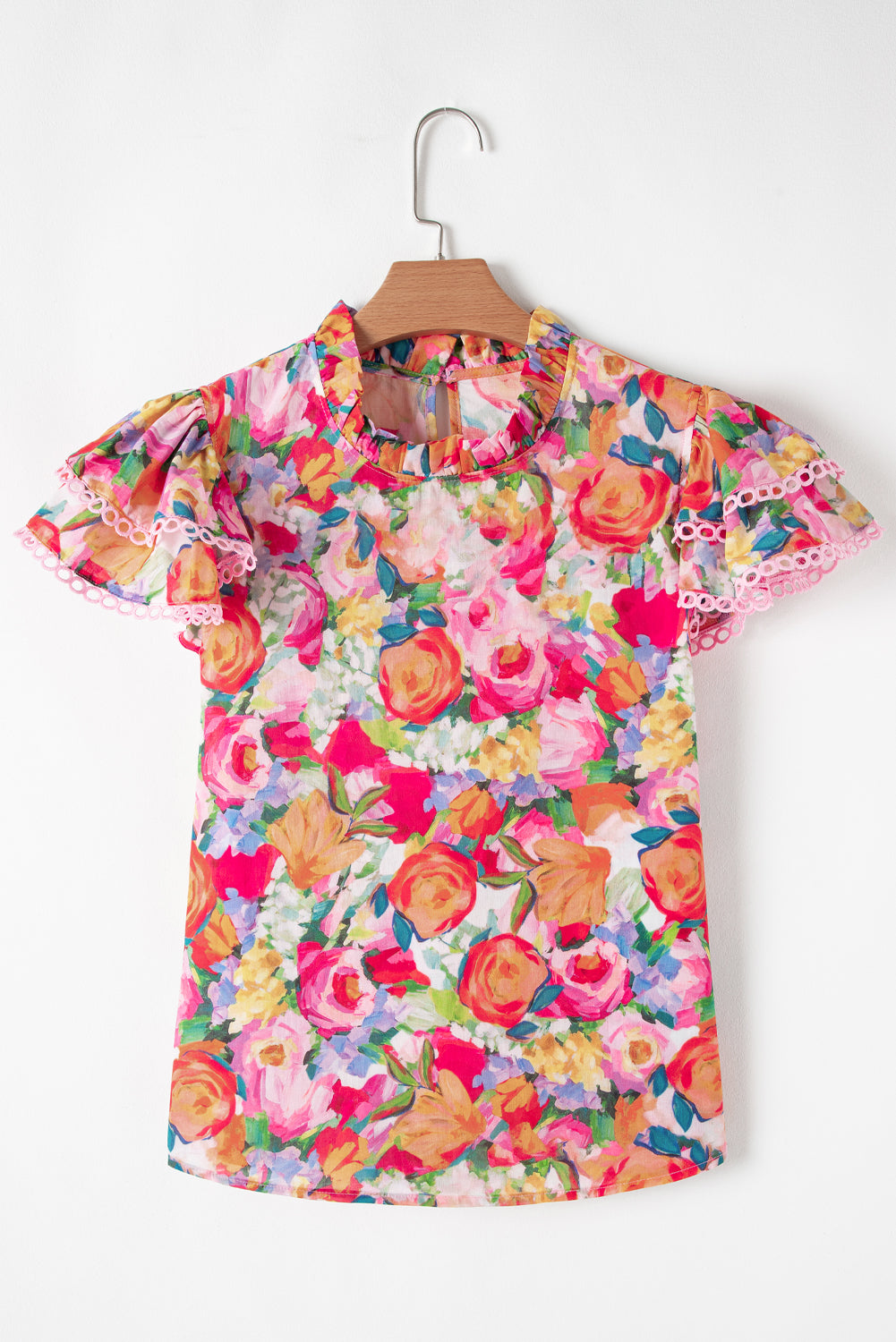 Multicolour Lace Trim Ruffle Short Sleeve Floral Blouse