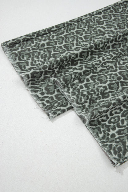 Gray Leopard Frayed Edge Wide Leg High Waist Jeans