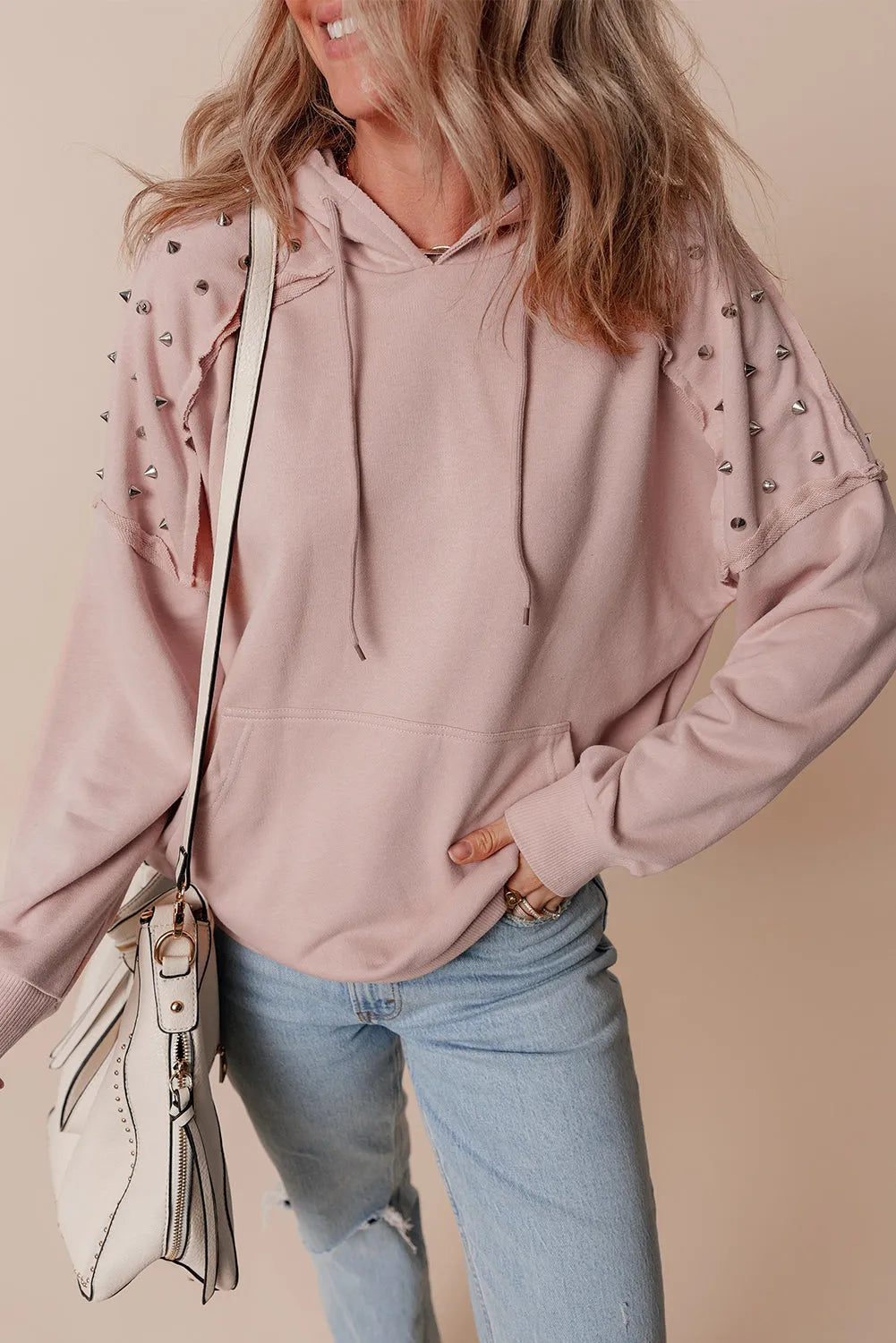 Fushia Solid Color Rivet Stud Raglan Sleeve Hoodie with Pocket - Chic Meadow Boutique 