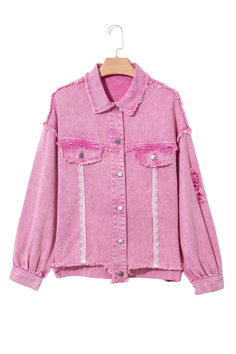 Outerwear/Denim jackets Pink Lace Patchwork Distressed Buttoned Denim Jacket