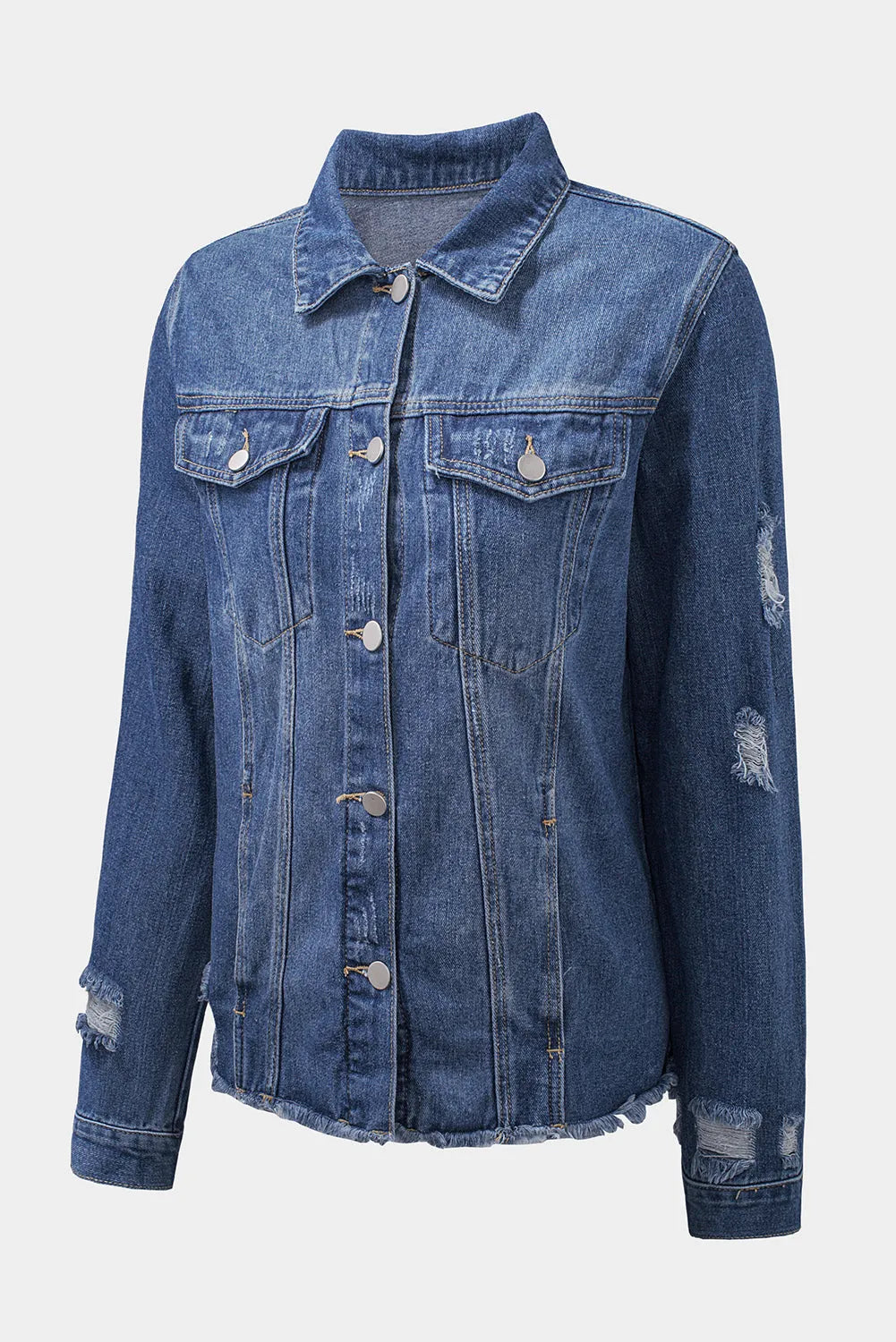 Blue Lapel Distressed Raw Hem Buttons Denim Jacket - Chic Meadow Boutique 