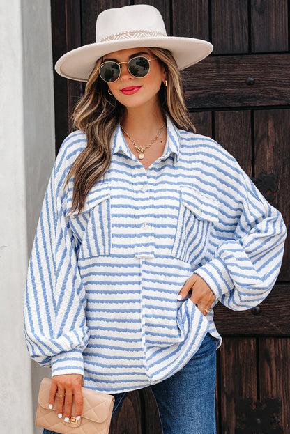 Sky Blue Stripe Half Button Collared Chest Pockets Loose Fit Blouse