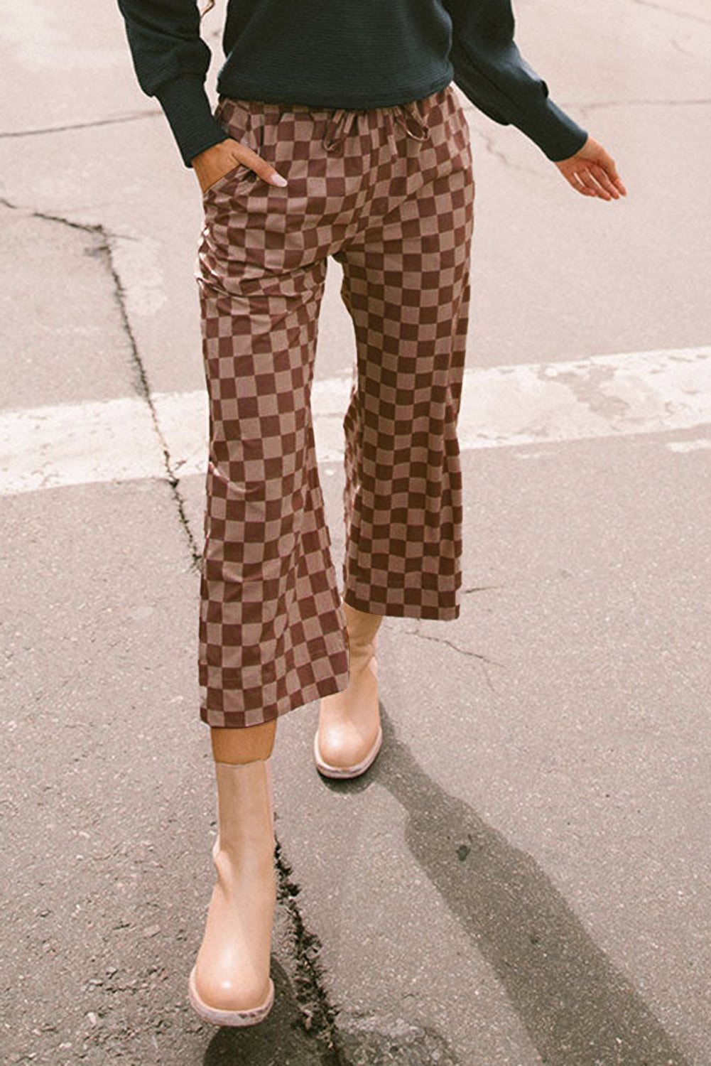 Khaki Checkered Elastic High Waist Loose Casual Pants