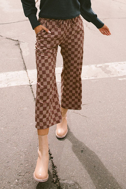 Khaki Checkered Elastic High Waist Loose Casual Pants