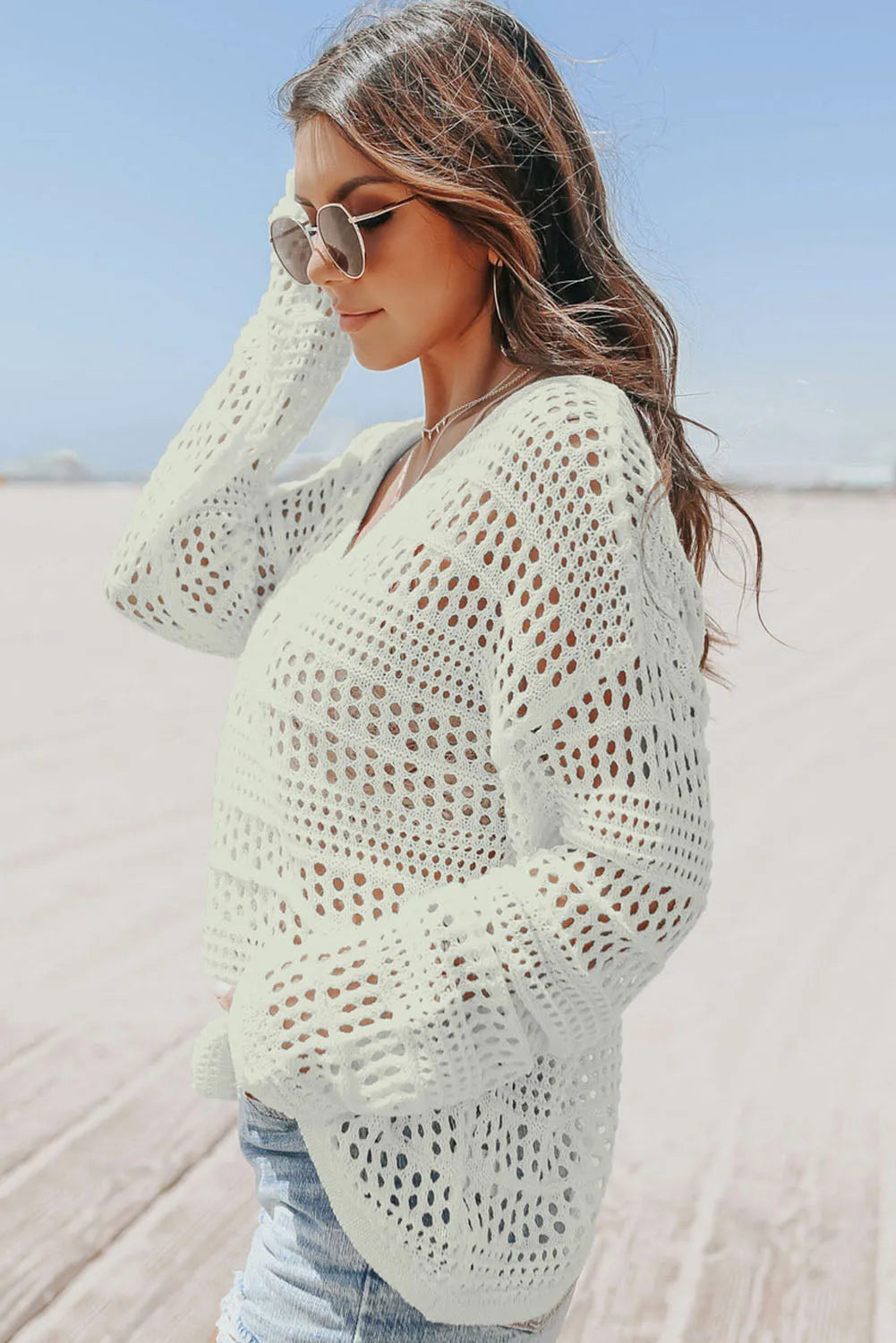 White Hollow Out Crochet V Neck Pullover Sweater - Chic Meadow Boutique 