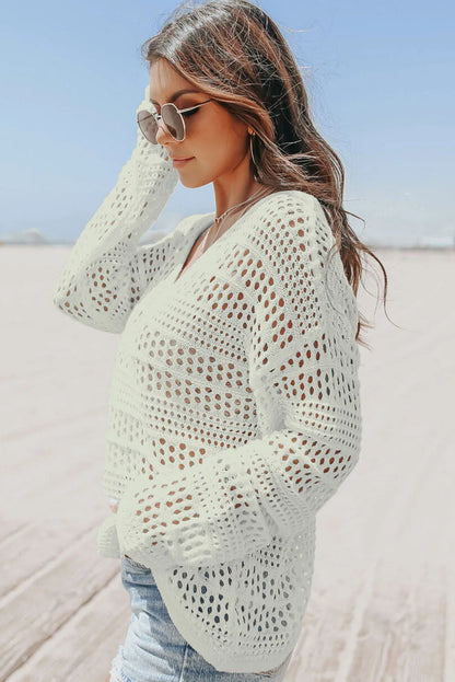 Swimwear/Beach Cover-ups White Hollow Out Crochet V Neck Pullover Sweater