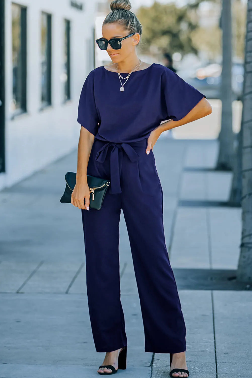 Blue Belted Wide Leg Jumpsuit - Chic Meadow Boutique 