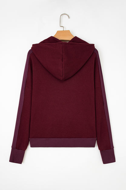 Burgundy Waffle Splicing Zip Up Front Button Hooded Jacket
