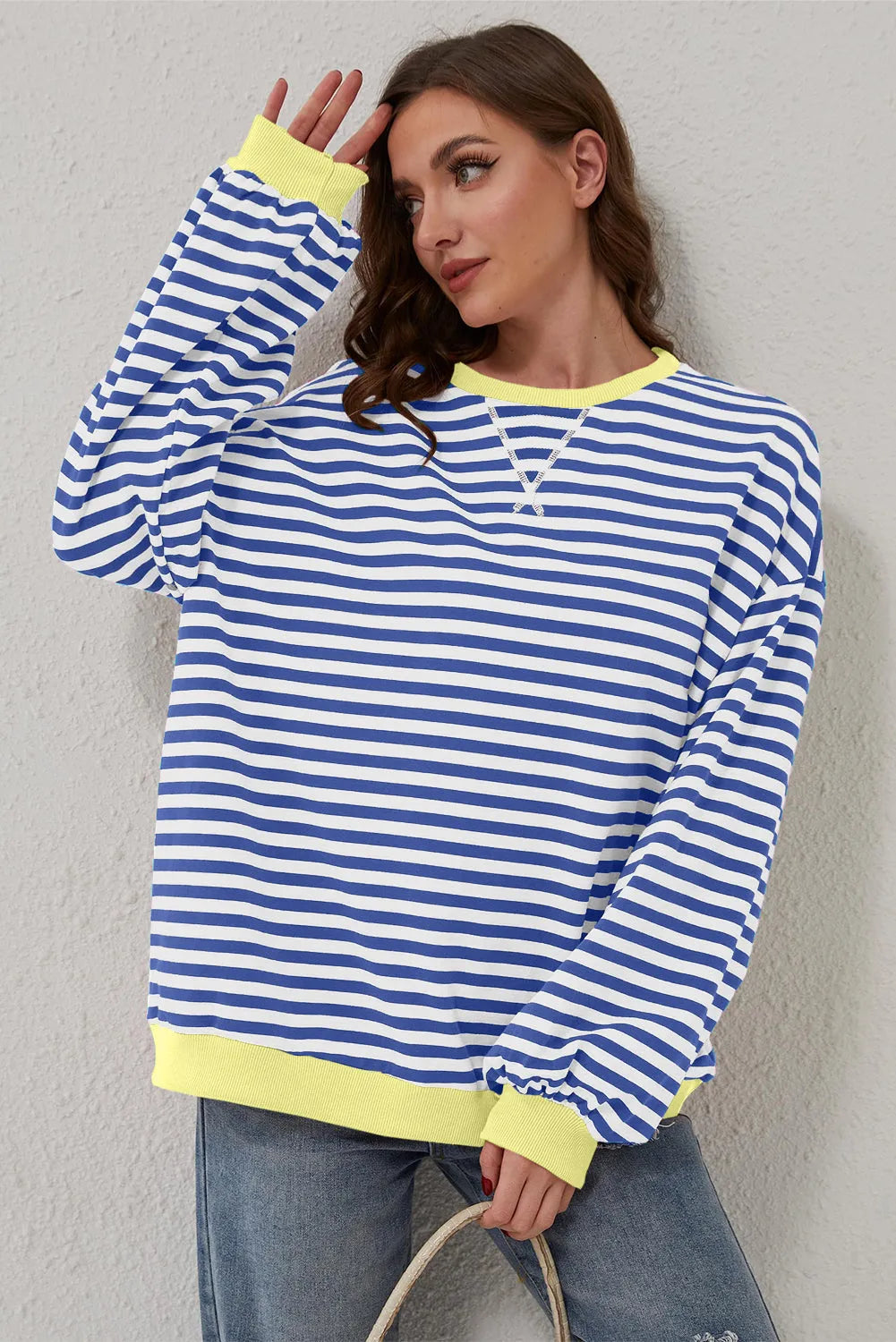 Blue Stripe Oversized Contrast Trim Pullover Sweatshirt - Chic Meadow Boutique 