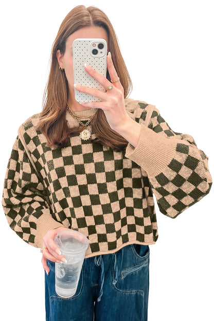 Multicolour Drop Shoulder Plaid Knit Long Sleeve Sweater
