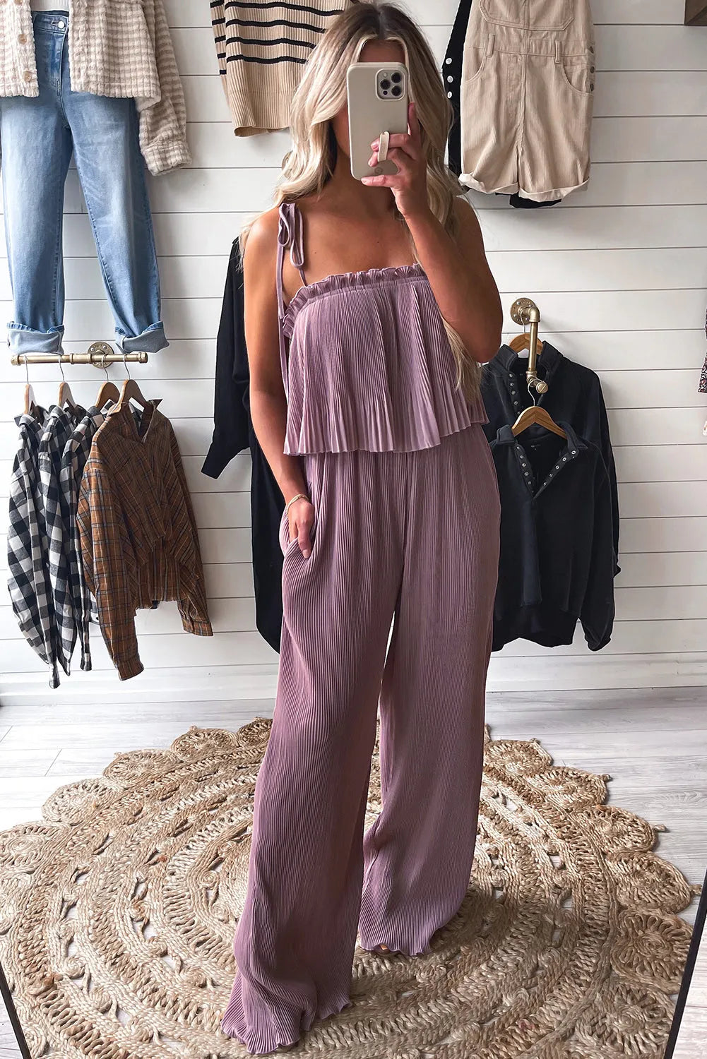 Rose Tan Solid Self Tied Straps Pleated Wide Leg Jumpsuit - Chic Meadow Boutique 