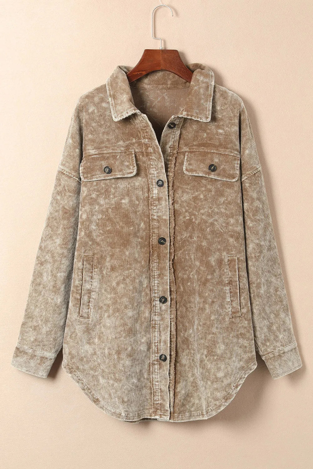 Khaki Vintage Distressed Mineral Wash Oversized Shacket - Chic Meadow Boutique 