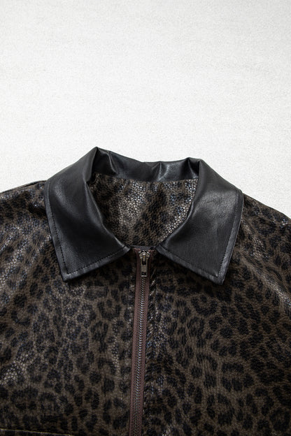 Multicolour Leopard Print Colorblock Collar Metal Placket Jacket