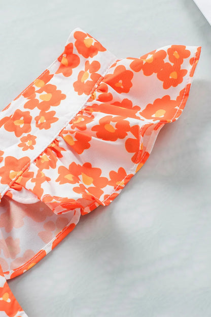 Orange Floral Print Square Neck Ruffle Tank Top - Chic Meadow Boutique 