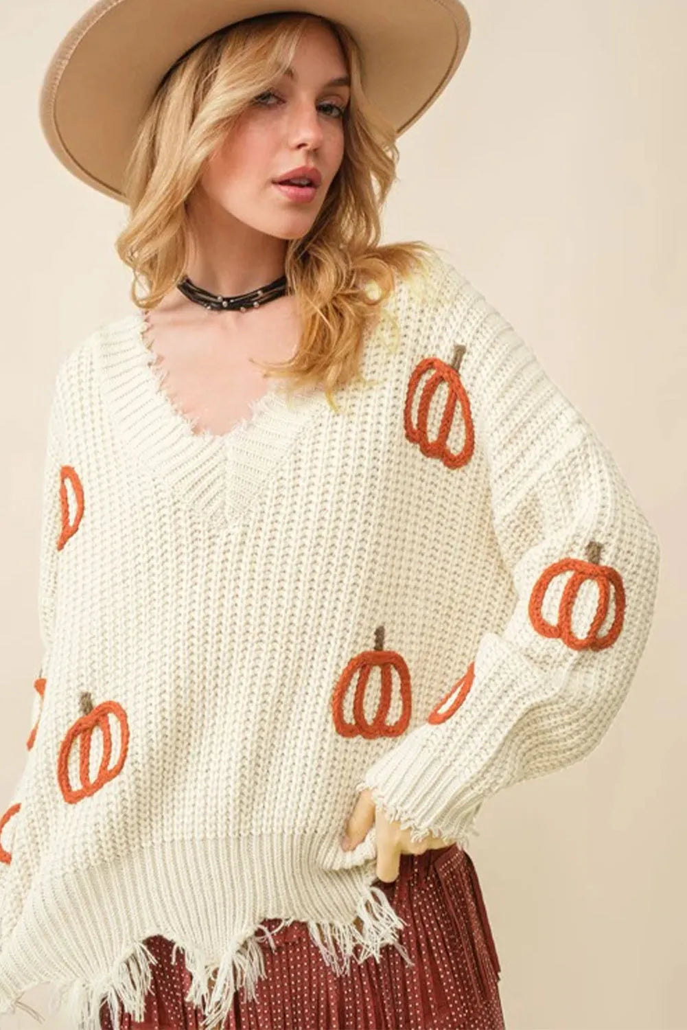 Beige Cable Knit Pumpkin Raw Hem V Neck Loose Sweater - Chic Meadow Boutique 